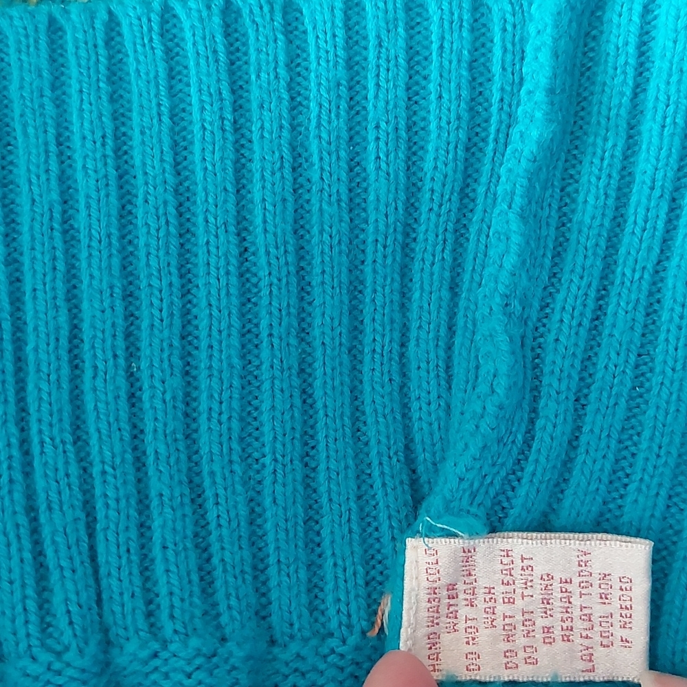 Fair Isle Knit Skull Derek Heart Blue Green Hoodie Sweater L Large Y2K - Picture 8 of 8